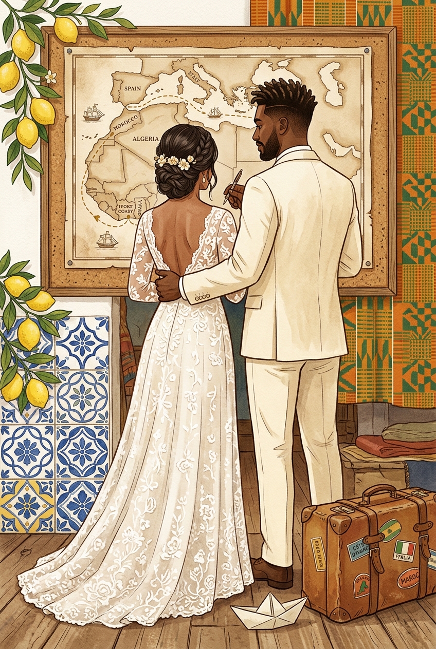 Erika e Prince davanti a una mappa di viaggio